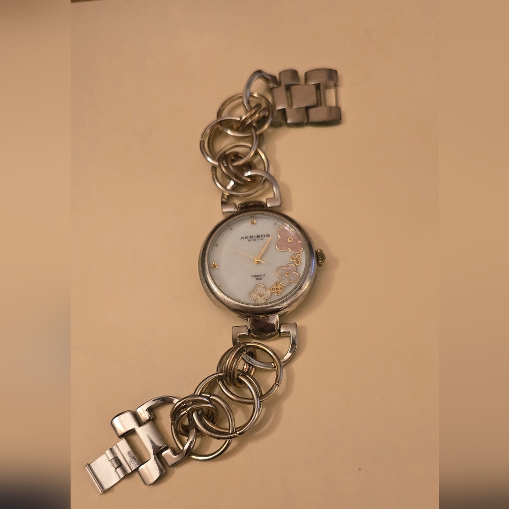 Gold and Silver Watch with Floral Design